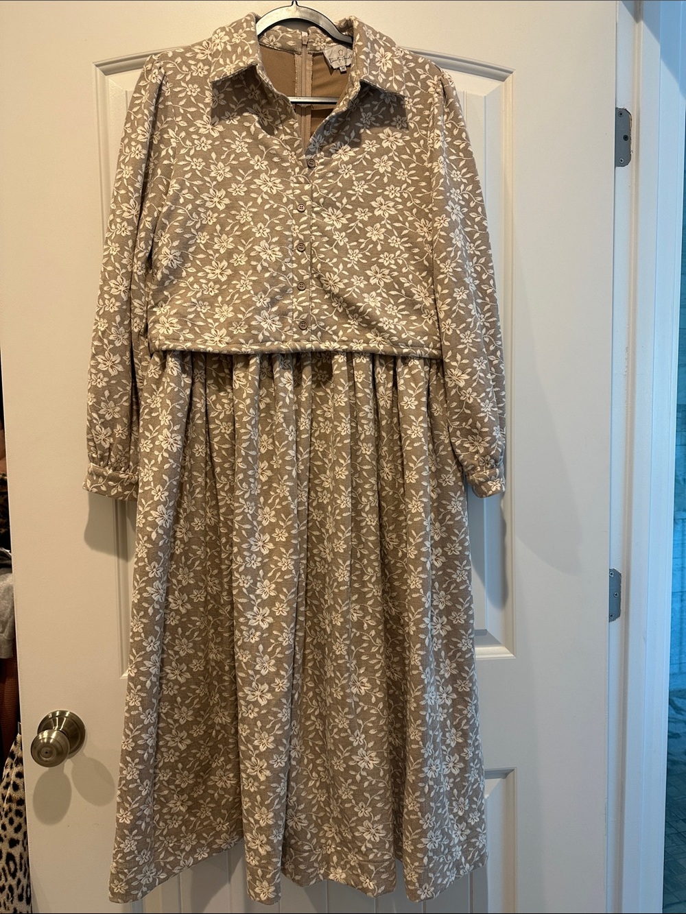 Dainty Jewells Tan Floral Long Sleeve Button-Front Dress